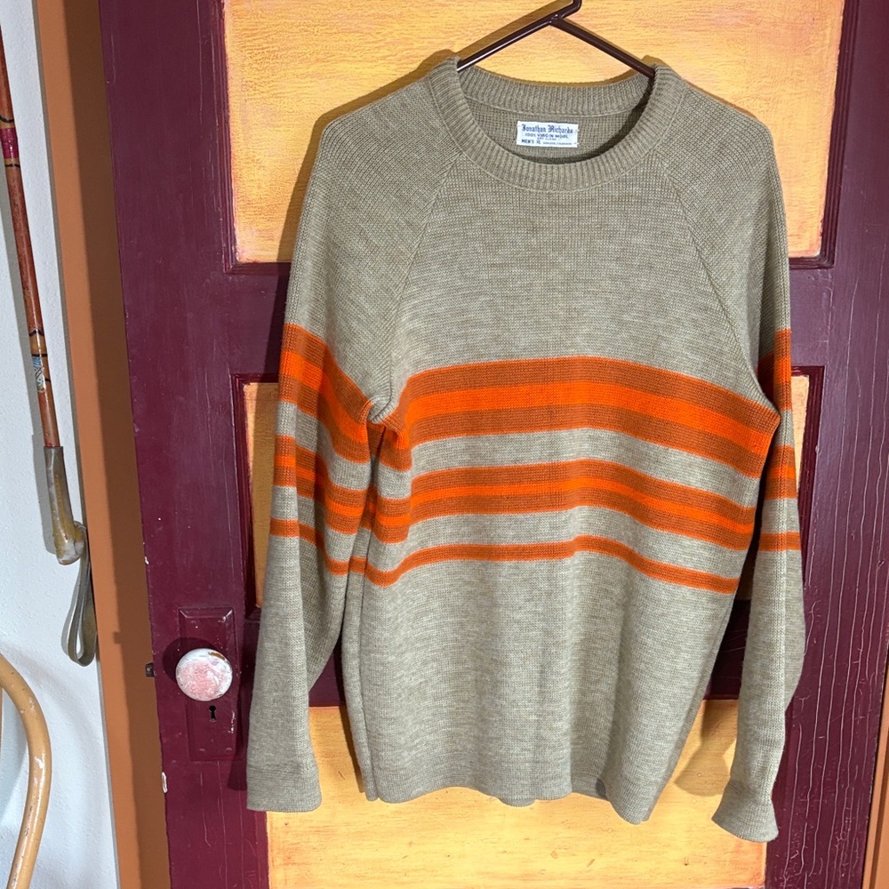 Vintage Mens Orange Striped Crewneck Wool Sweater